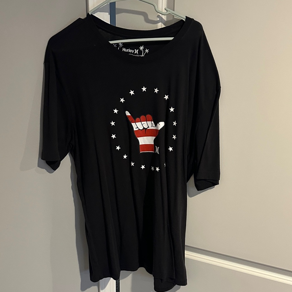 Hurley Black Tee with Red and White Hand Graphic